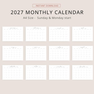 2027 Calendar 2027 Monthly Planner Landscape Elegant Wall Calendar Sunday & Monday Start 2027 A4 Letter Size Desk Planner Printable PDF