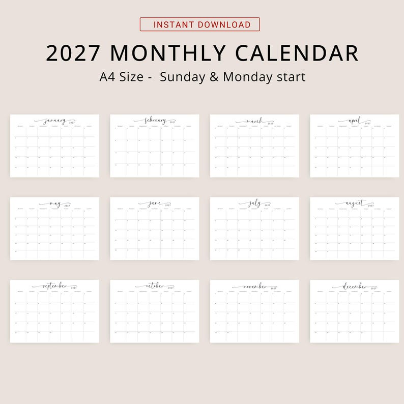 2027 Calendar 2027 Monthly Planner Landscape Elegant Wall Calendar Sunday & Monday Start 2027 A4 Letter Size Desk Planner Printable PDF