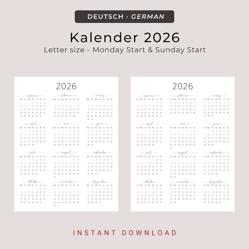 Kalender 2026 Kalender Deutsch Kalender zum ausdrucken 2026 Deutschland in German 2026 Portrait PRINTABLE German Calendar 2026 Vertical PDF