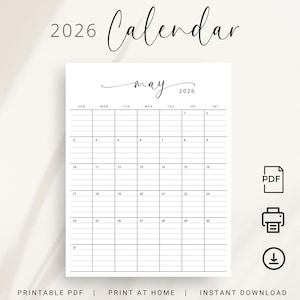 Planificador 2026 con líneas Calendario mensual 2026 Bloque rayado 2026 Calendario de escritorio PDF imprimible Retrato Tamaño carta A4 Agenda vertical Elegante