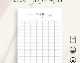 2026 Planner with Lines 2026 Monthly Calendar 2026 Lined Block Printable PDF Desk Calendar Portrait A4 Letter Size Vertical Agenda Elegant