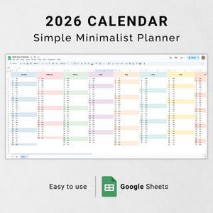 Op de afbeelding: Een eenvoudige, minimalistische 2026-kalenderplanner in Google Sheets. De kalender is kleurgecodeerd per maand, waarbij elke maand in een aparte kolom wordt weergegeven. De kalender is gemakkelijk te gebruiken en kan worden aangepast aan uw behoeften.