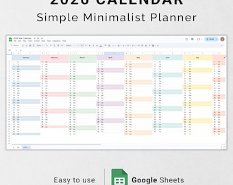 2026 Calendar Google Sheets Template Editable Monthly Digital Planner Minimalist Yearly Spreadsheet 2026 Online Calendar Template Simple