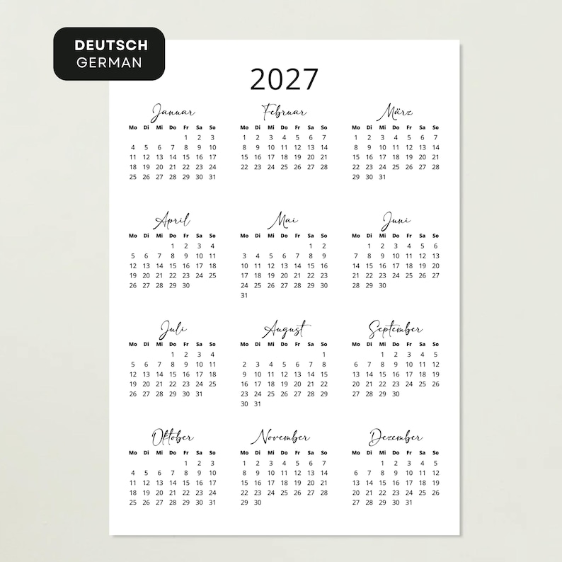 Kalender 2027 Kalender Deutsch Kalender zum Ausdrucken 2027 Deutschland PRINTABLE PDF Minimalist 2027 Calendar Portrait German A3 A4