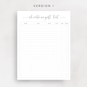 Christmas Gift List Printable Christmas Shopping List Xmas To Buy List Gift Checklist Minimalist Shopping Planner PDF Elegant A4 Letter Size