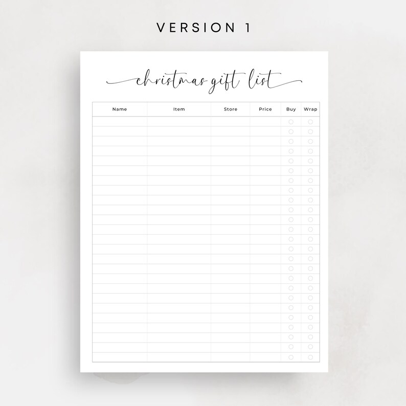 Christmas Gift List Printable Christmas Shopping List Xmas To Buy List Gift Checklist Minimalist Shopping Planner PDF Elegant A4 Letter Size