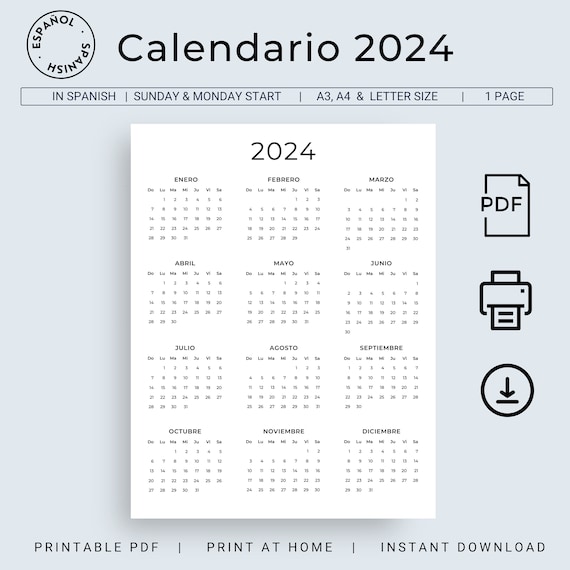 Calendario 2024 En Español Calendario Anual 2024 Para Imprimir Spanish  Calendar 2024 Printable Spanish Minimalist Calendar A3 A4 Letter Size 