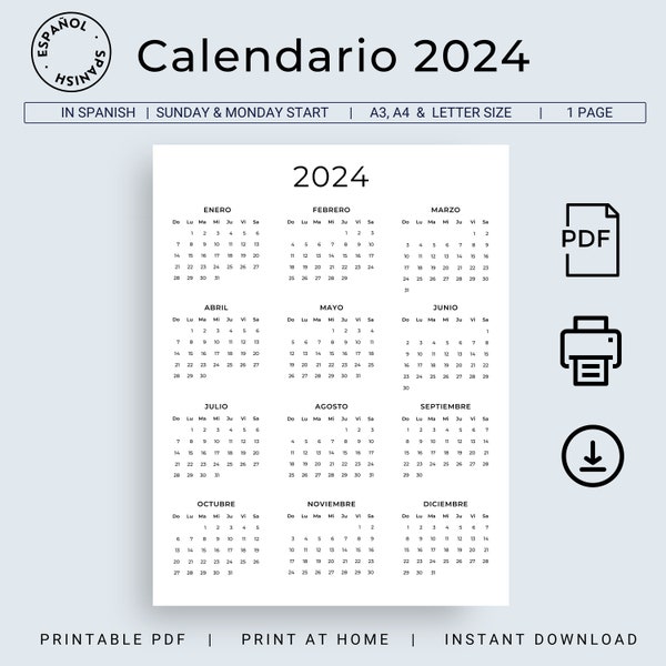 Calendario 2024 en Español Calendario Anual 2024 Para Imprimir Calendario Español 2024 Calendario Minimalista Español Imprimible A3 A4 Tamaño Carta