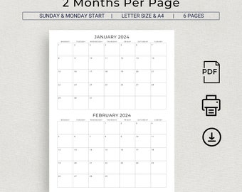 2024 2 Month Calendar 2024 Planner Calendar Wall Calendar 2 Months Per Page Monthly Calendar 2024 Organizer Minimalist Printable Calendar