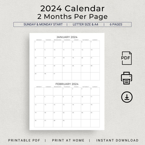 2024 2 Month Calendar 2024 Planner Calendar Wall Calendar 2 Months