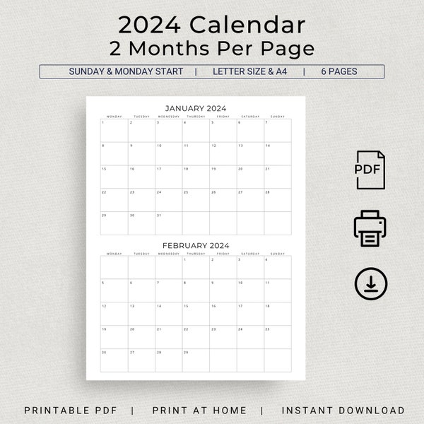 2024 2 Month Calendar 2024 Planner Calendar Wall Calendar 2 Months Per Page Monthly Calendar 2024 Organizer Minimalist Printable Calendar