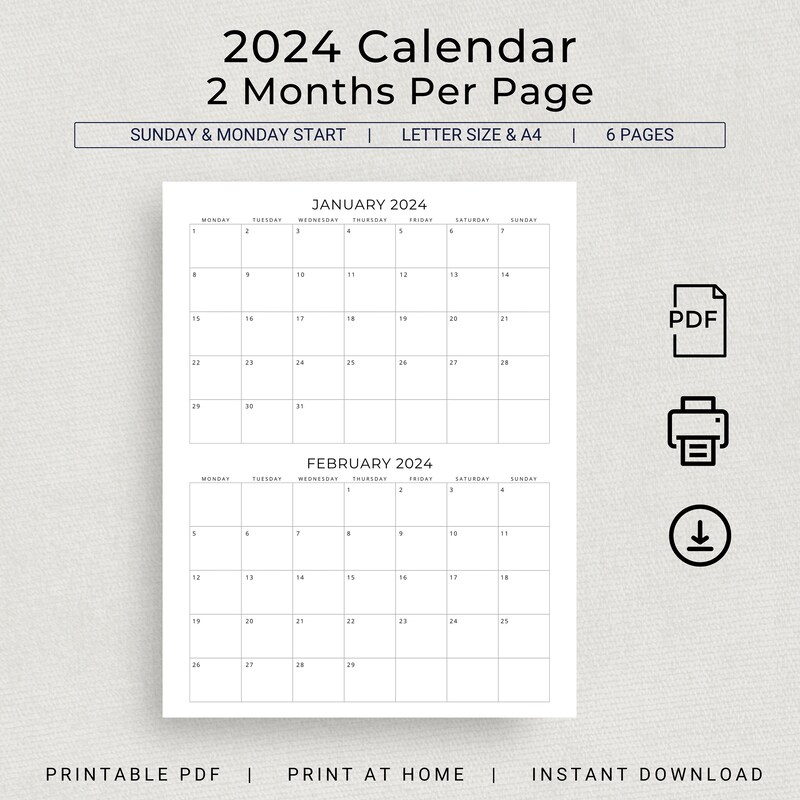 Printable Month Calendar 2024 - Etsy