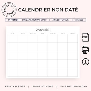 Calendrier Non Daté Calendrier Mensuel Calendrier Français Undated Monthly Calendar in French PRINTABLE French Calendar Monthly Planner PDF