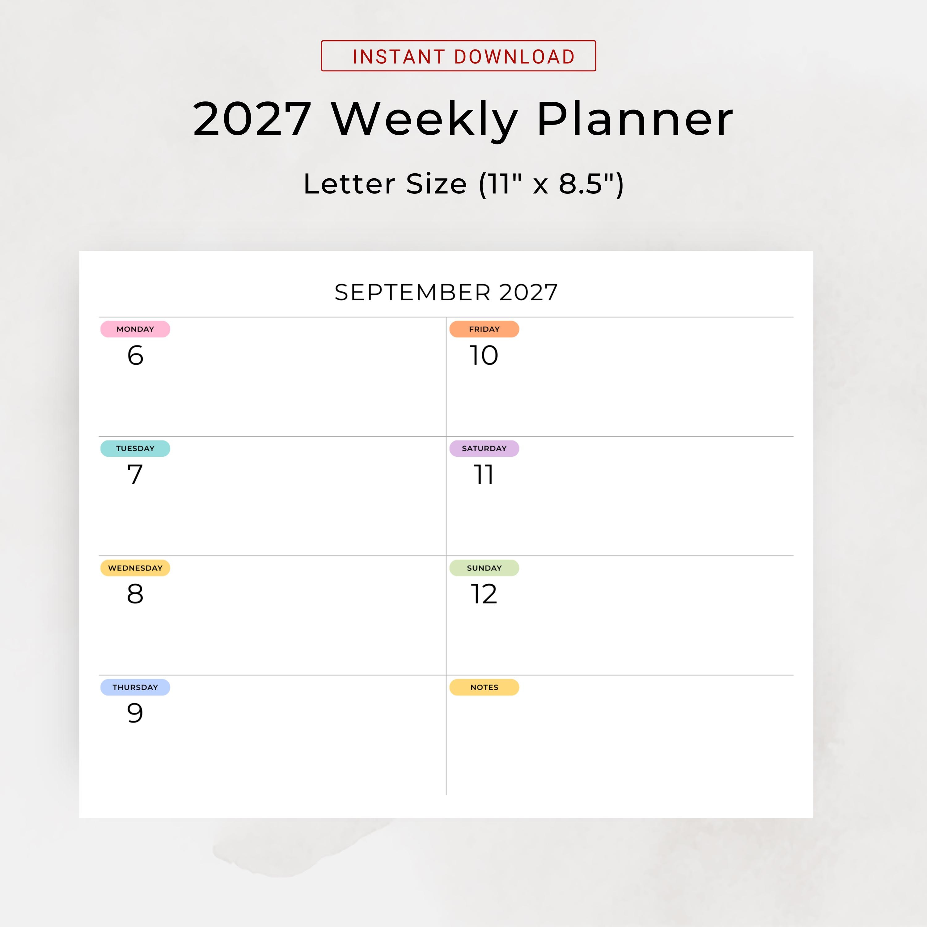 2027 Weekly Planner Printable PDF 2027 Weekly Calendar Landscape Color