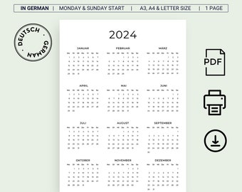 Kalender 2024 Kalender Deutsch Jahreskalender 2024 Deutscher Kalender 2024 DRUCKBARER Wandkalender A3 A4 Letter-Format Montag Beginn Sonntag Beginn