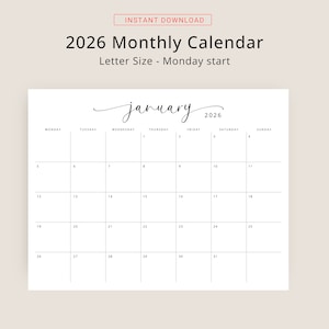 2026 Calendar 2026 Monthly Planner Landscape Elegant Monthly Calendar Sunday Start Monday Start 2026 Wall Calendar Monthly PRINTABLE PDF