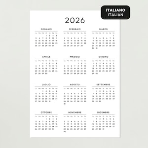 Puede incluir: Un calendario en blanco y negro de 2026 con el año en la parte superior y los meses enumerados a continuación. Cada mes muestra los días de la semana y las fechas. El calendario está en italiano.