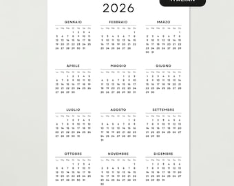 May include: A black and white 2026 calendar with the year at the top and months listed below. Each month displays the days of the week and dates. The calendar is in Italian.