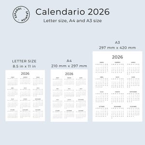 Calendario 2026 Calendario en Español 2026 Calendario Imprimible Calendar Spanish 2026 Printable Minimalist Wall Calendar A3 A4 Letter Size