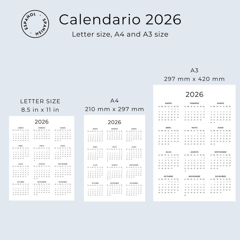 Calendario 2026 Calendario en Español 2026 Calendario Imprimible Calendar Spanish 2026 Printable Minimalist Wall Calendar A3 A4 Letter Size