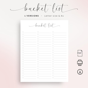 Bucket List Printable PDF Traumliste Lebenszielliste Wunschliste Tracker Urlaub Reise Neujahr Erlebnis To Do Liste Elegant A4 Letter Size