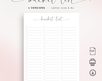 Bucket List Printable PDF Dream List Life Goals List Wish List Tracker Holiday Travel New Year Experience To Do List Elegant A4 Letter Size