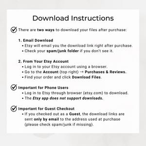 K&ouml;nnte beinhalten: Ein wei&szlig;es Dokument mit dem Titel "Download-Anweisungen", das die Schritte zum Herunterladen von Dateien nach dem Kauf erl&auml;utert. Es enth&auml;lt Anweisungen f&uuml;r E-Mail- und Etsy-Konto-Downloads sowie Hinweise f&uuml;r Telefonbenutzer und Gast-Checkouts.