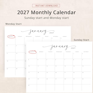 2027 Calendar 2027 Monthly Planner Landscape Elegant Wall Calendar Sunday & Monday Start 2027 A4 Letter Size Desk Planner Printable PDF