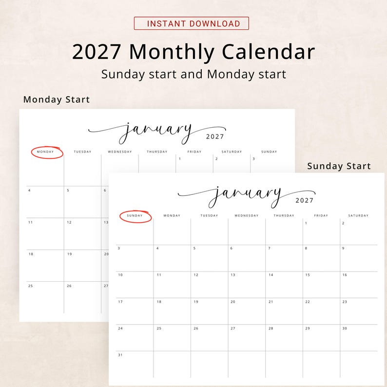 2027 Calendar 2027 Monthly Planner Landscape Elegant Wall Calendar Sunday & Monday Start 2027 A4 Letter Size Desk Planner Printable PDF