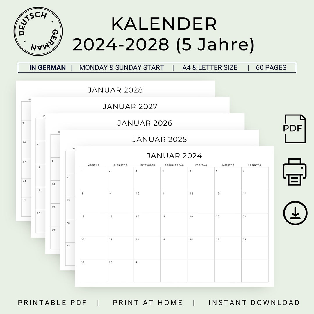 5 Jahre Monatskalender 2024 Bis 2028 5 Jahre Kalender German Monthly 