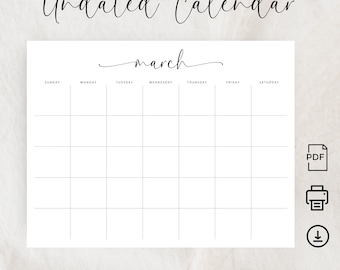 Calendario senza data Calendario mensile senza data Planner stampabile Calendario vuoto Calendario elegante Modello di calendario formato lettera A4 orizzontale PDF