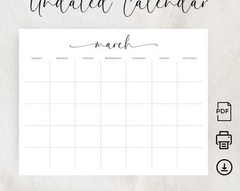 May include: A printable undated calendar for the month of March. The calendar has a simple design with black text on a white background. The days of the week are listed across the top, and the calendar is divided into seven columns for each day of the week.