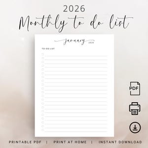 Puede incluir: Lista de tareas mensuales imprimible para enero de 2026. La lista tiene un diseño simple con fondo blanco y texto negro. El texto "TO-DO LIST" está en la parte superior de la página, seguido de una serie de líneas en blanco para escribir tareas.