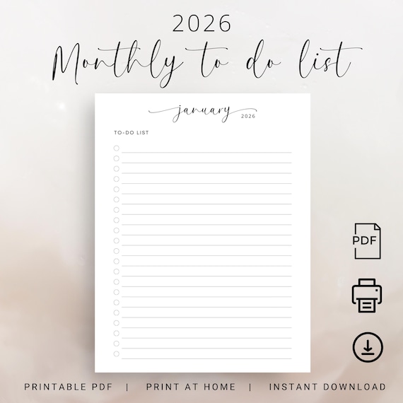 2026 Monthly To Do List 2026 To Do List Checklist 2026 Printable Todo List PDF 2026 Monthly Planner 2026 Monthly Notes PDF Vertical Elegant