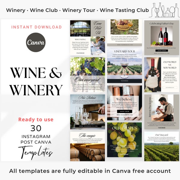 30 Wine & Winery Instagram Post Canva Template Winery Social Media Bodega Wine Shop Marketing Winery Tour Wine Tasting Social Media Posts