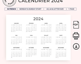 Calendrier 2024 Calendrier français 2024, paysage Calendrier annuel 2024 Calendrier français, calendrier 2024 imprimable, format A3 A4, format PDF