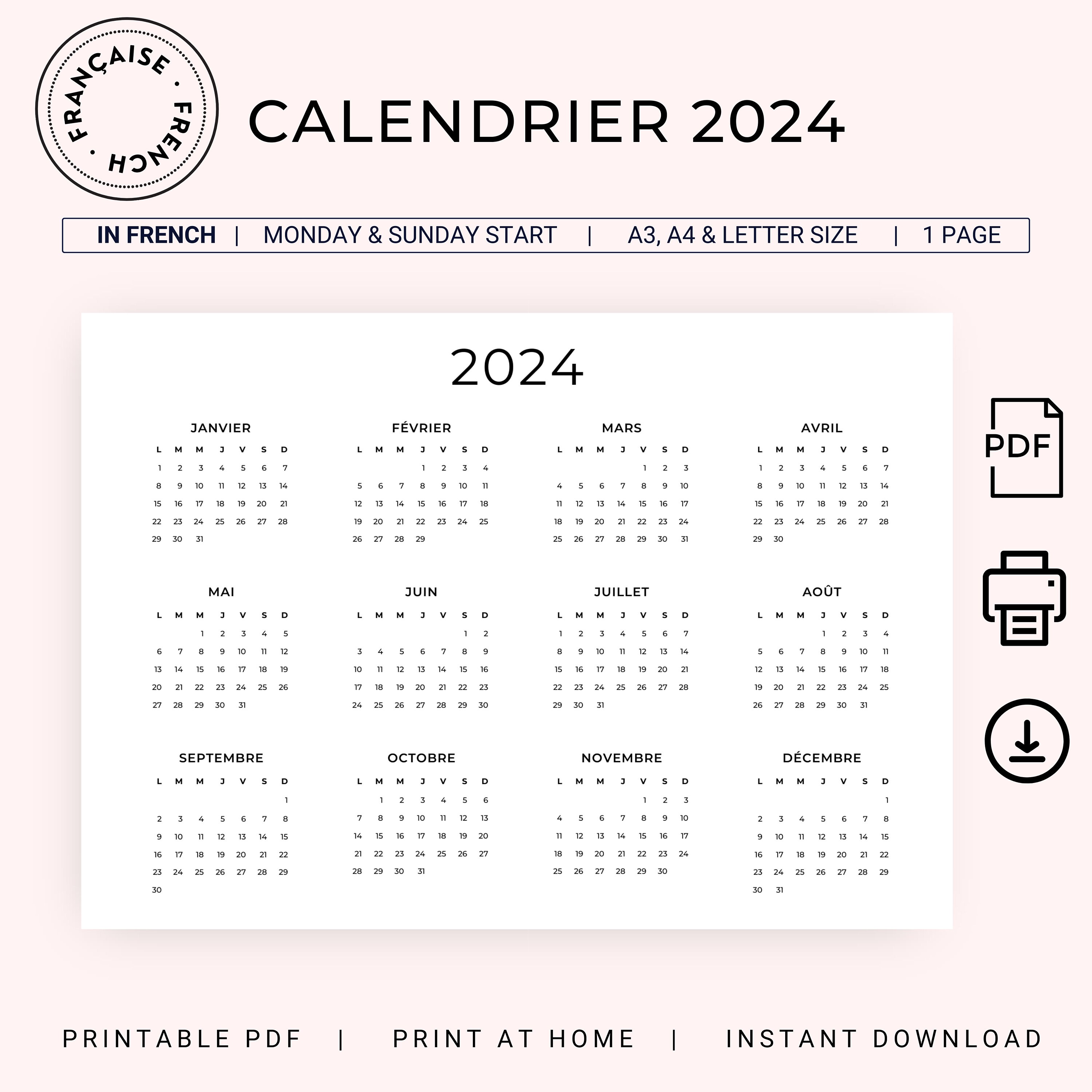 2024 Calendrier 2024 French Calendar Landscape 2024 Yearly Calendar French  Language Calendar 2024 PRINTABLE A3 A4 Letter Wall Calendar PDF 