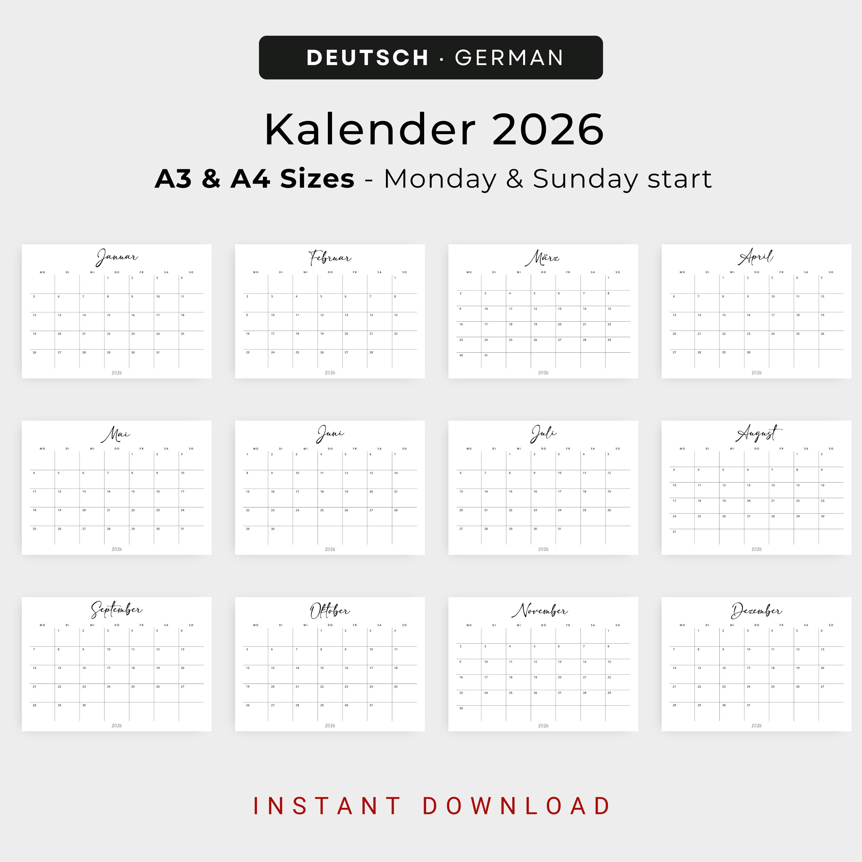 2026 Kalender 2026 Kalender Deutsch Monatsplaner Landscape PRINTABLE