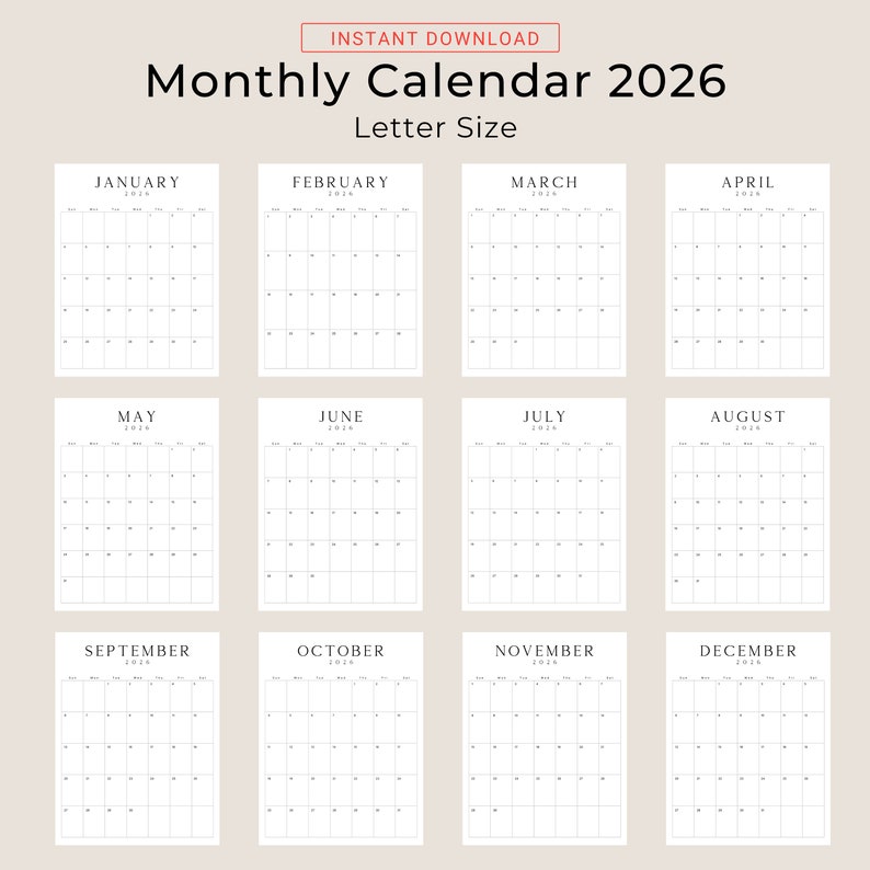2026 Printable Calendar 2026 Planner Vertical Calendar Portrait LUXE Monthly Calendar A4 Letter Size Sunday & Monday Start 2026 Calendar PDF