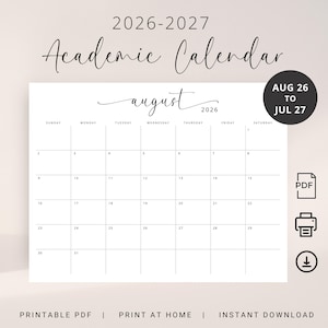 Pode incluir: Um calendário acadêmico 2026-2027 em PDF imprimível com uma grade mensal para agosto de 2026. O design inclui texto preto em fundo branco com uma fonte manuscrita para o nome do mês. Ícones de PDF, impressora e download estão visíveis.