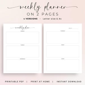 Planificador semanal de 2 páginas Diseño imprimible del planificador semanal Insertar planificador semanal PDF Resumen semanal Vertical Elegante tamaño carta A4