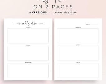 Week on 2 Pages Planner Printable Weekly Planner Layout Weekly Schedule Planner Insert PDF Week at a Glance Portrait Elegant A4 Letter Size
