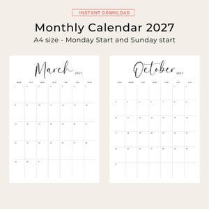 Printable 2027 Calendar 2027 Monthly Planner PDF Vertical Elegant Wall Calendar Sunday & Monday Start A4 US Letter Size Desk Calendar 2027