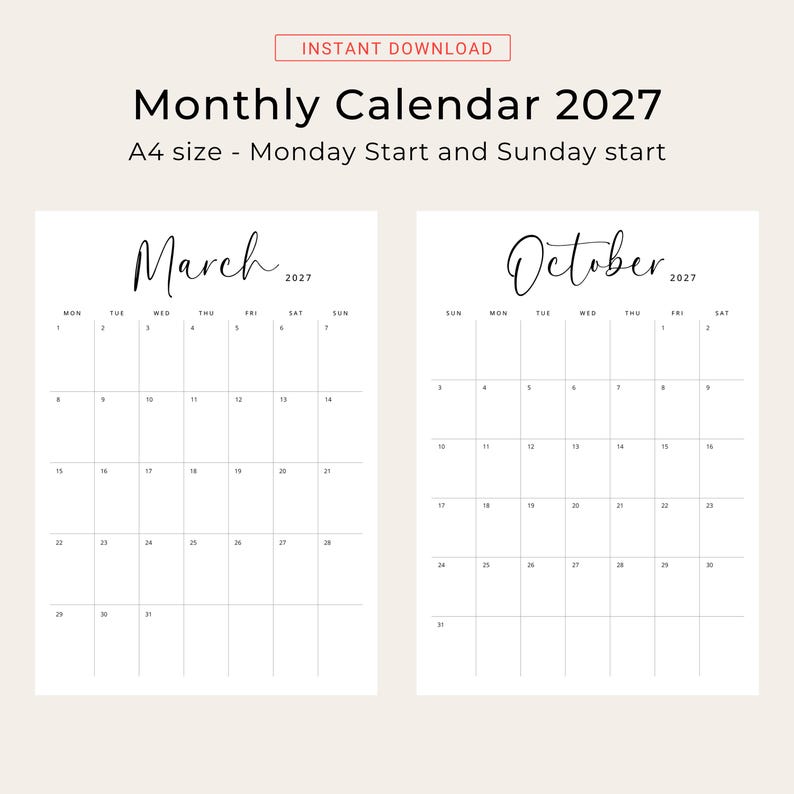 Printable 2027 Calendar 2027 Monthly Planner PDF Vertical Elegant Wall Calendar Sunday & Monday Start A4 US Letter Size Desk Calendar 2027