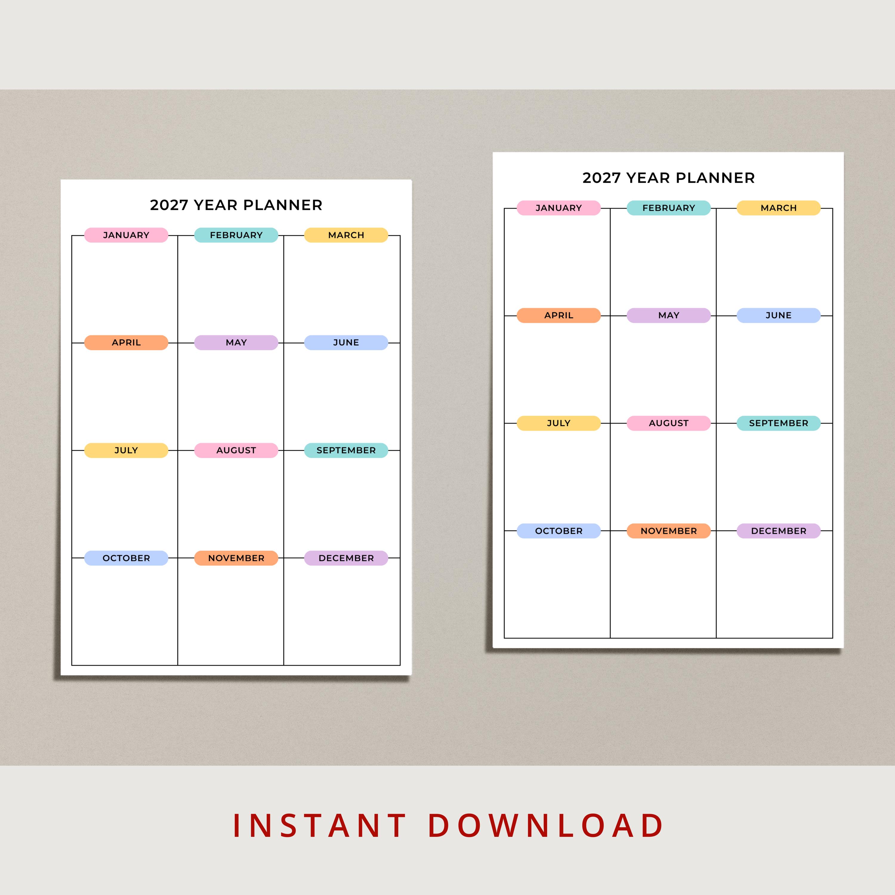 2027 Year Planner Printable PDF 2027 Year at a Glance Wall Planner