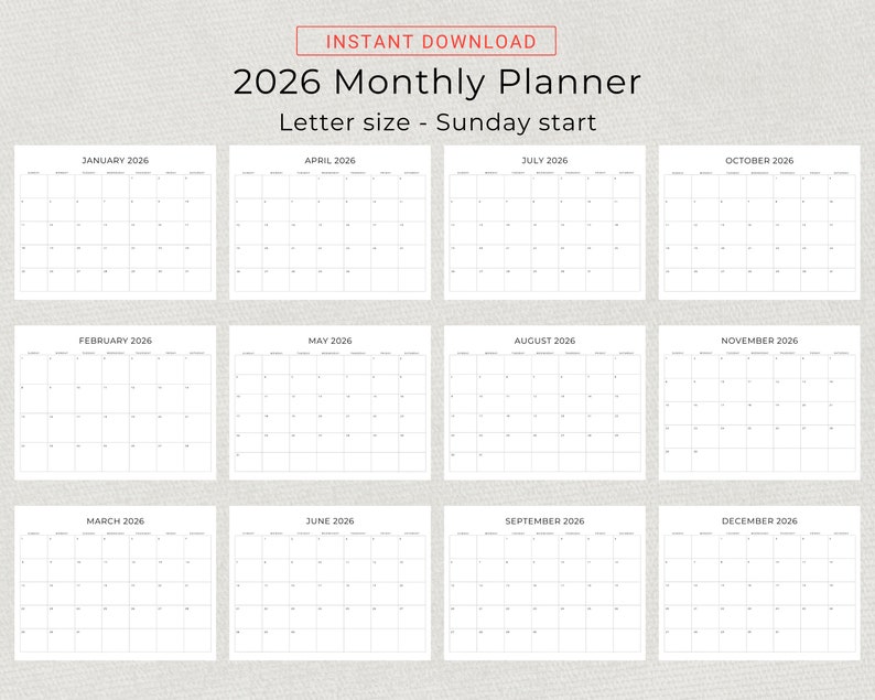 2026 Monthly Calendar PRINTABLE 2026 Monthly Planner Landscape 2026