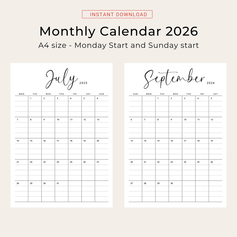 2026 Monthly Calendar With Lines 2026 Planner Lined Block Printable PDF ...
