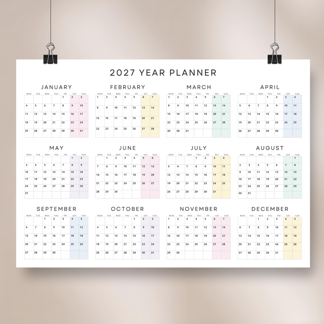 2027 Year Planner Large Pastel 2027 Wall Calendar Landscape Printable