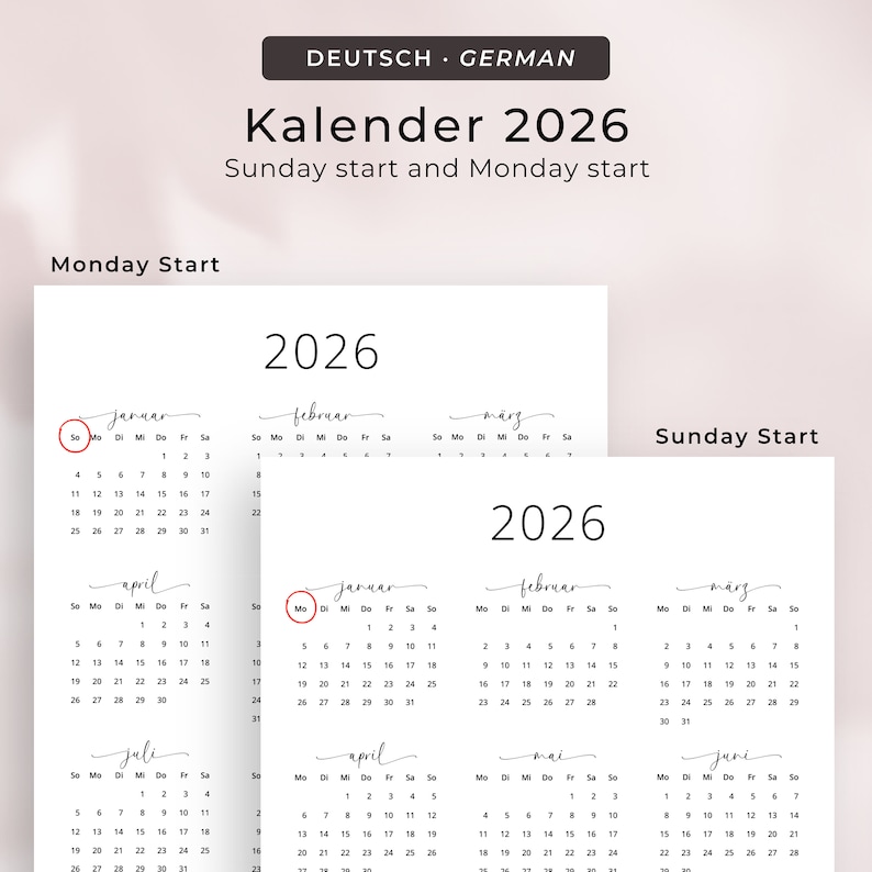 Kalender 2026 Kalender Deutsch Kalender zum ausdrucken 2026 Deutschland in German 2026 Portrait PRINTABLE German Calendar 2026 Vertical PDF