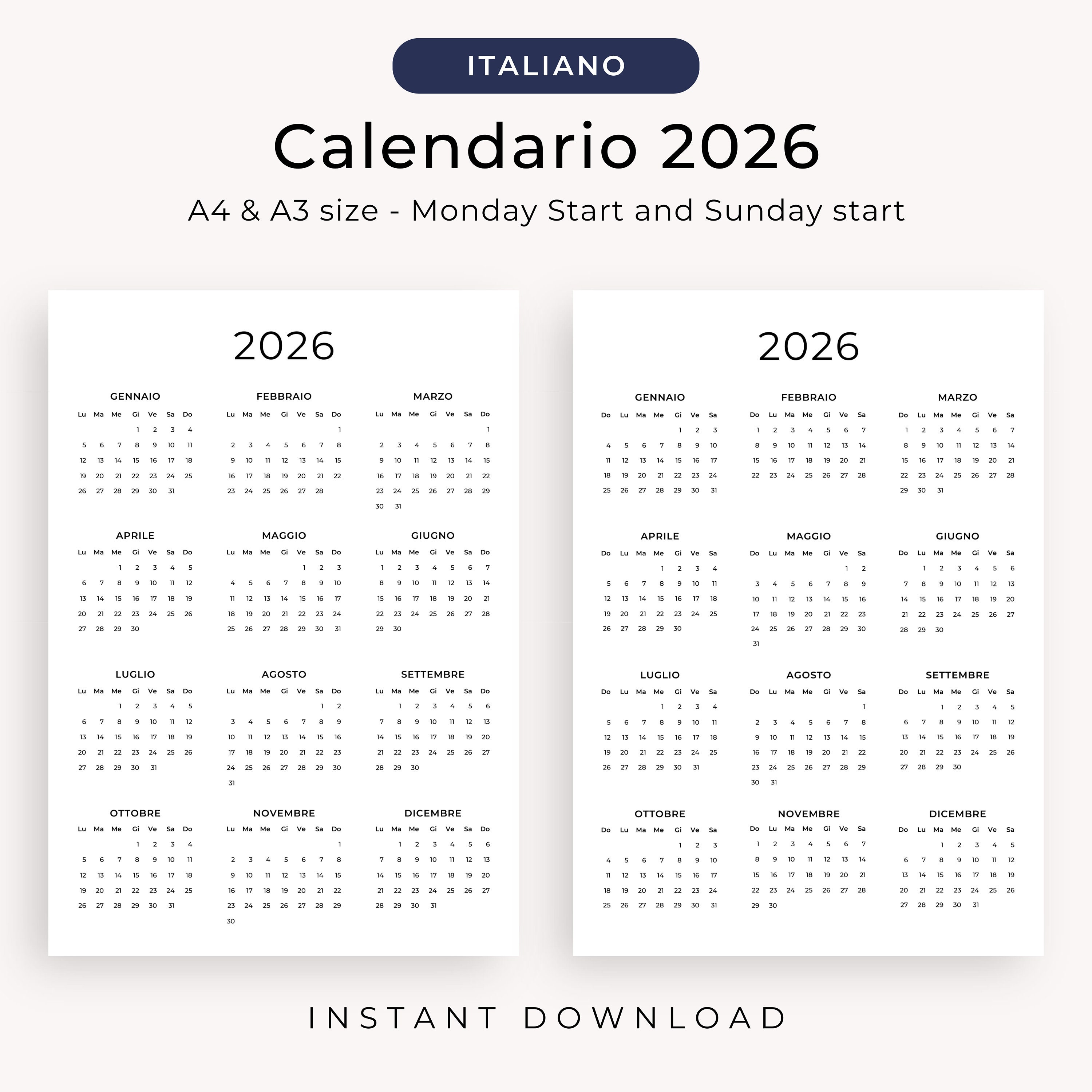 Calendario 2026 Calendario in Italiano 2026 Calendario Annuale 2026